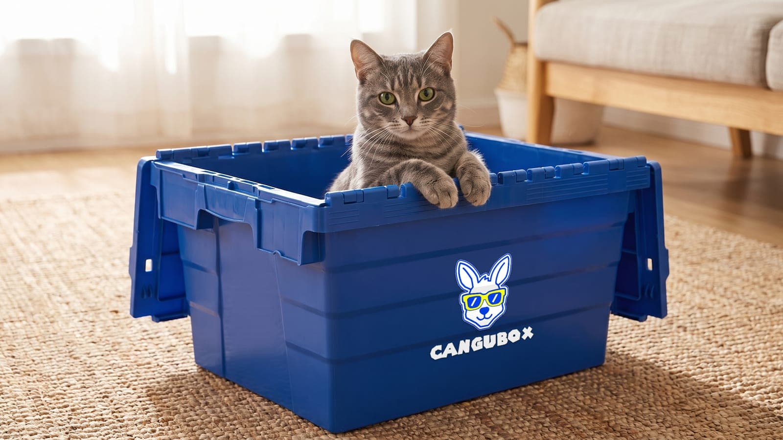 A tabby cat sitting inside an open Cangubox, with its paws resting on the edge