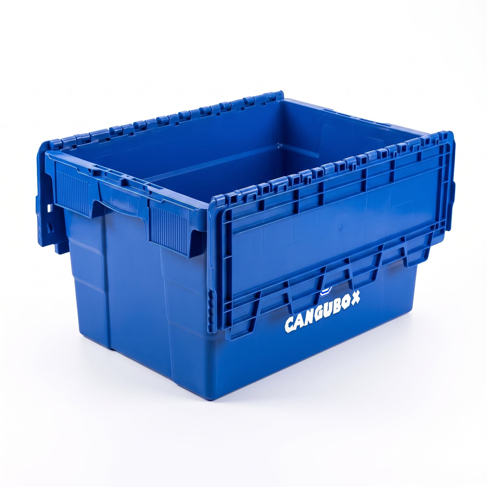 An open Cangubox with the two flaps folded back to the sides, empty inside, with recessed handles