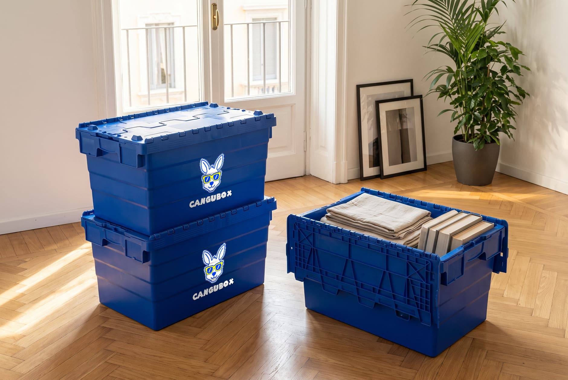 Blue Cangubox in a Milan flat during a move, with one open box showing linen and books