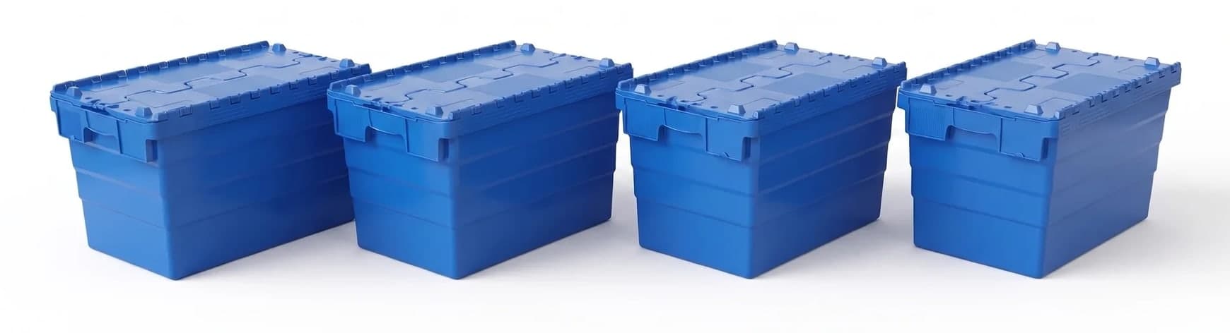 Quattro Cangubox blu chiuse, allineate una accanto all'altra su fondo bianco