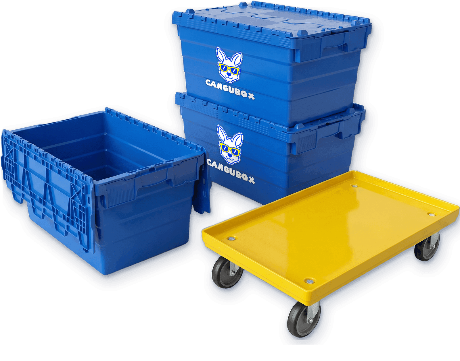 Two closed Cangubox stacked up, one open and empty, and the yellow four-wheeled Dolly
