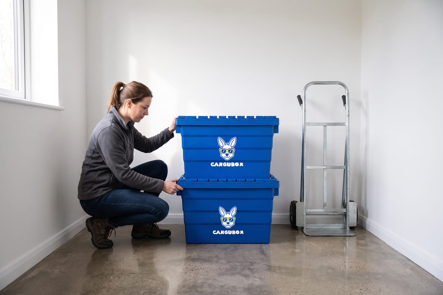 An owner arranging two stacked Cangubox crates in her own warehouse, with a hand truck beside her